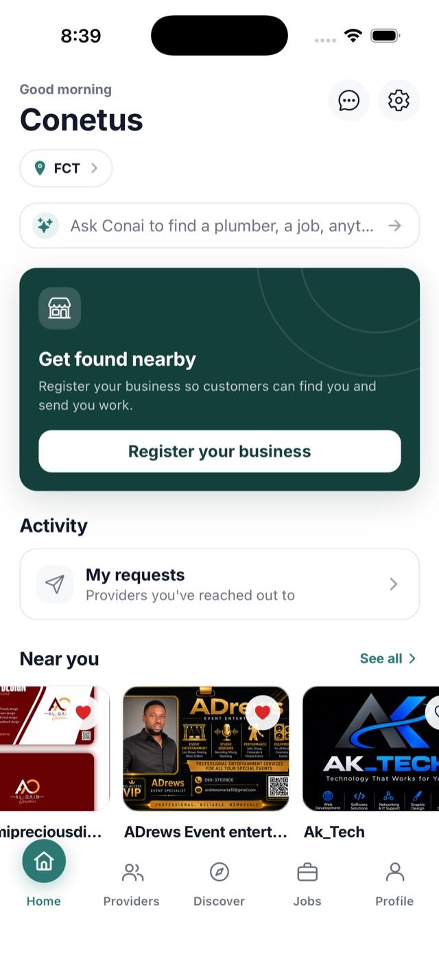 Conetus app home screen