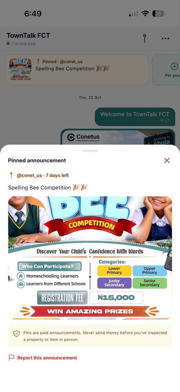A pinned announcement in TownTalk